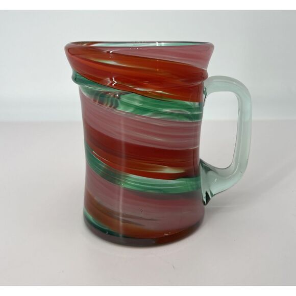 Vintage Hand Blown Glass‎ Mug Red Green Swirl Pattern Christmas Holiday Decor - Picture 1 of 6